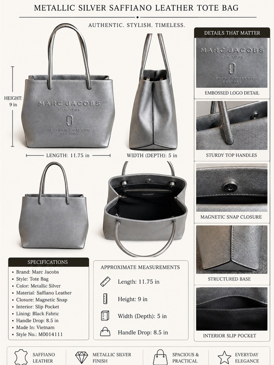 Marc Jacobs Handbags - Marc Jacobs Metallic Silver Saffiano Leather Tote Bag M0014111